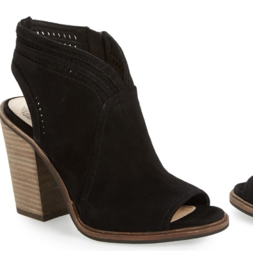 Vince Camuto Black “Koral” Open-Toe Suede Bootie